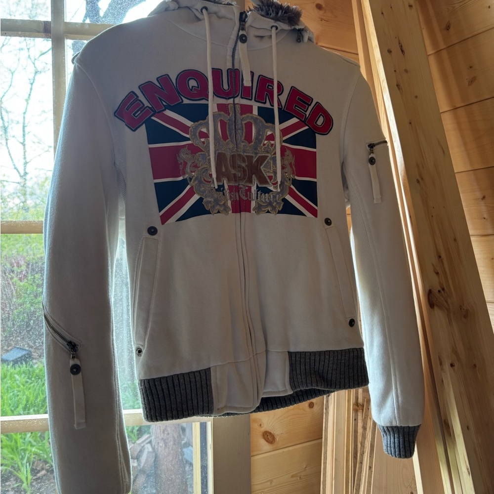 White zip up with fur hood